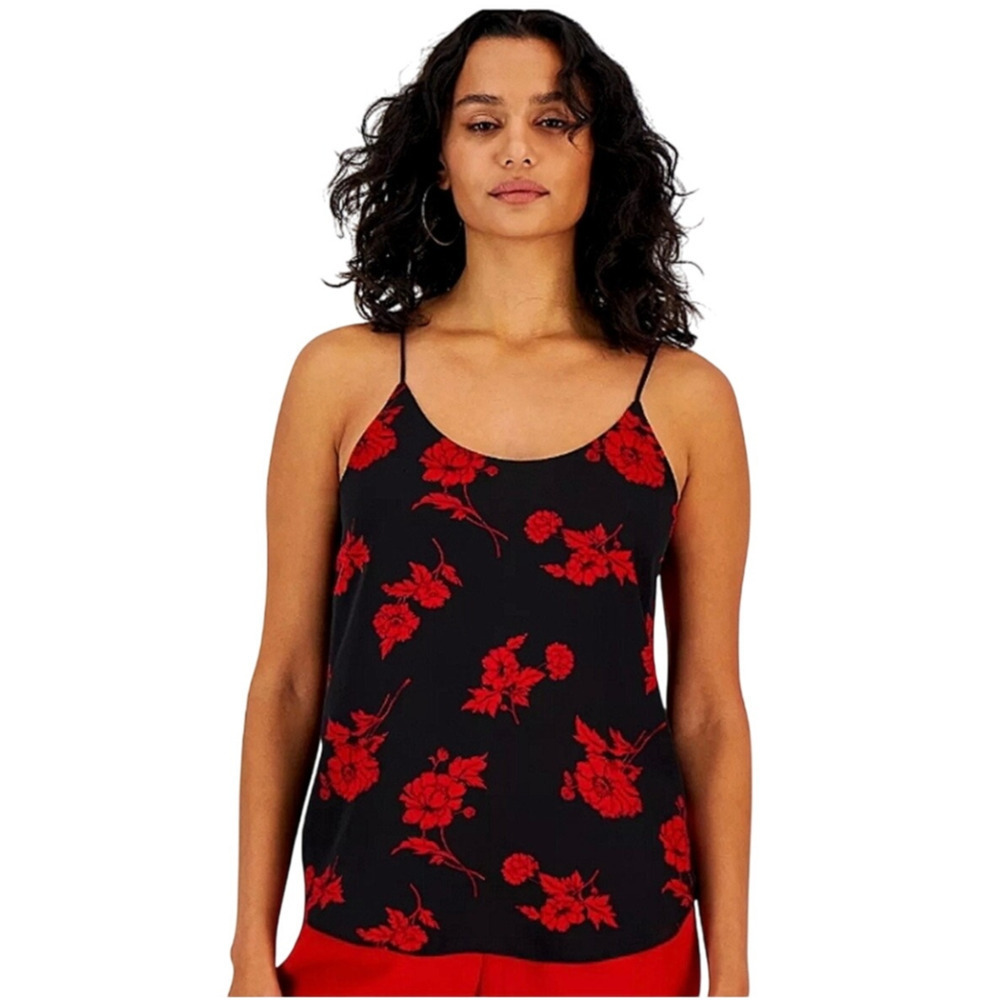 Bar III Black Red Floral Camisole Tank Top XXS NWT Date Night Blouse
